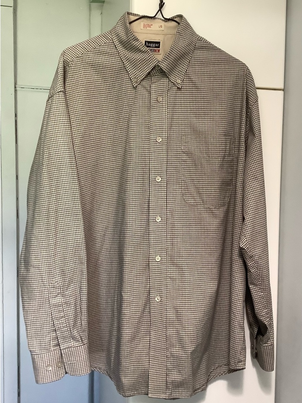 Haggar Brown and White Micro-Check Button-Down Dress Shirt